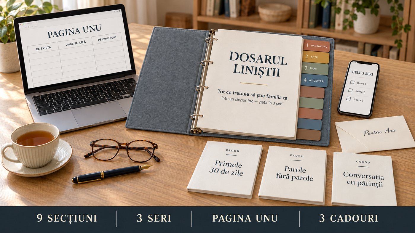 Dosarul Liniștii pe masa de stejar: dosarul cu cele 9 separatoare colorate, laptopul cu Pagina Unu, telefonul cu planul celor 3 seri, o scrisoare și cele trei cadouri