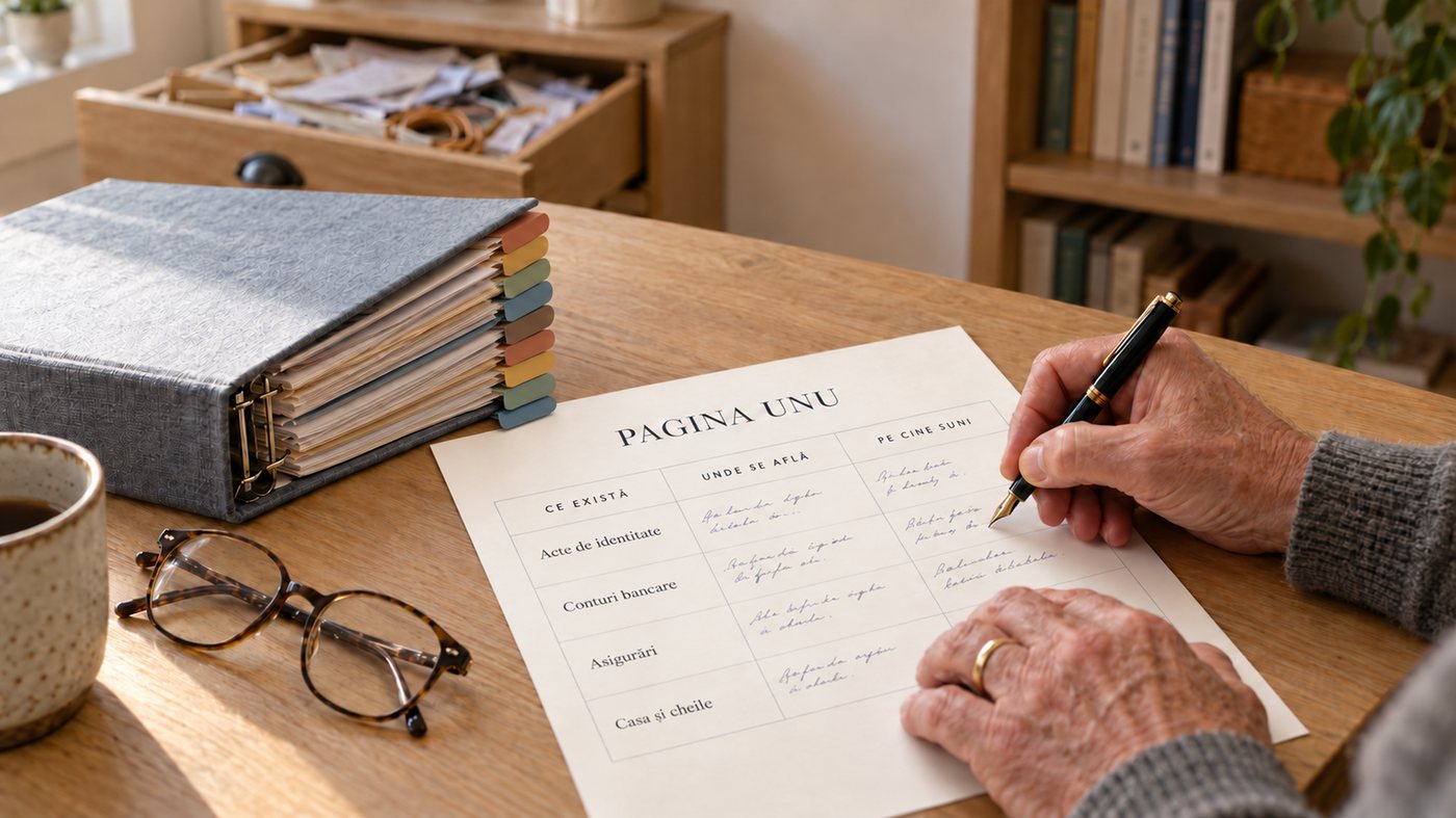 Mâinile unui bărbat completează Pagina Unu cu stiloul; în spate, sertarul plin de hârtii